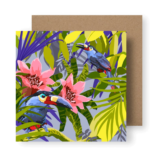 Colouful illustration of two toucans in tropical vegetation