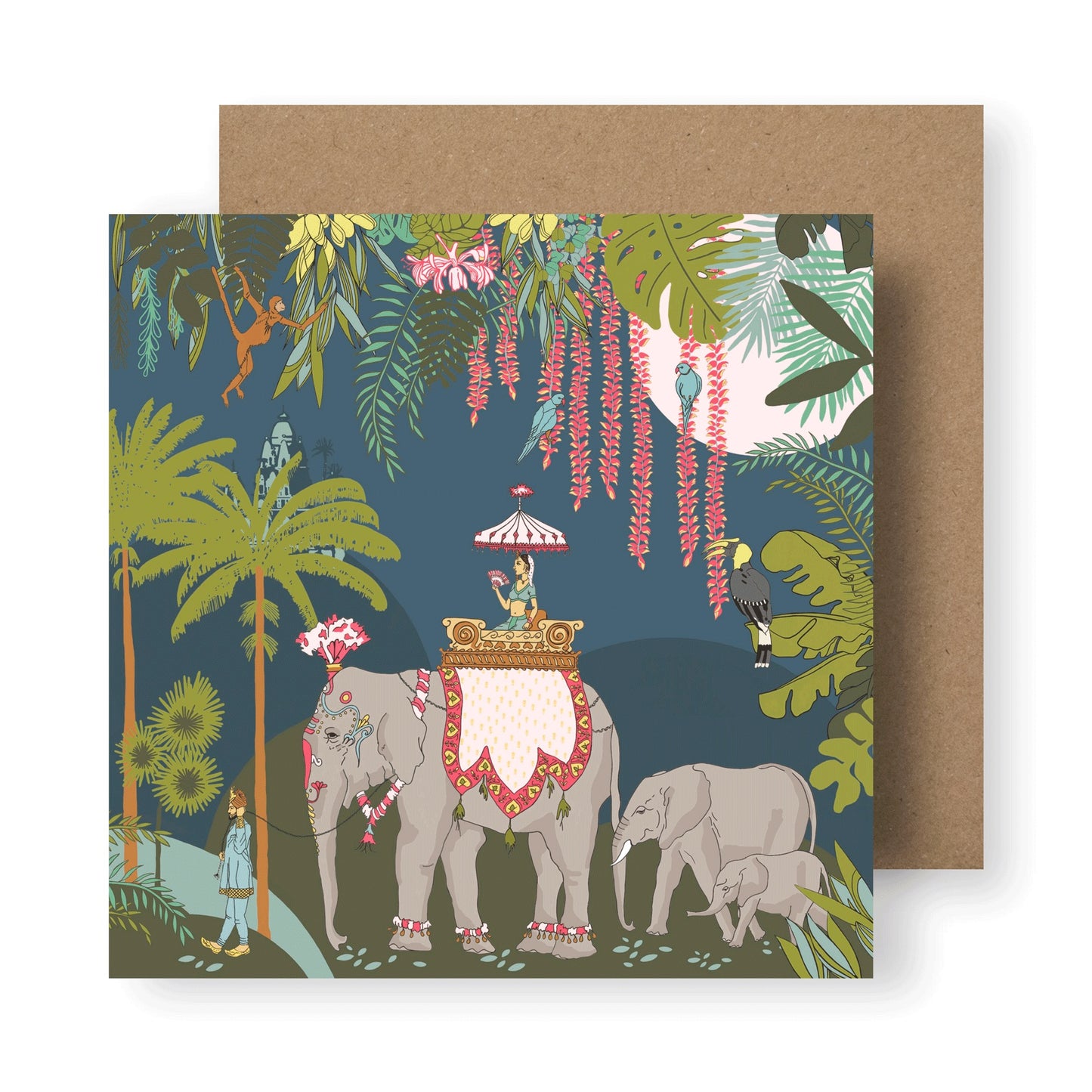 Indian style illustration with elephants and tropical vegetation
