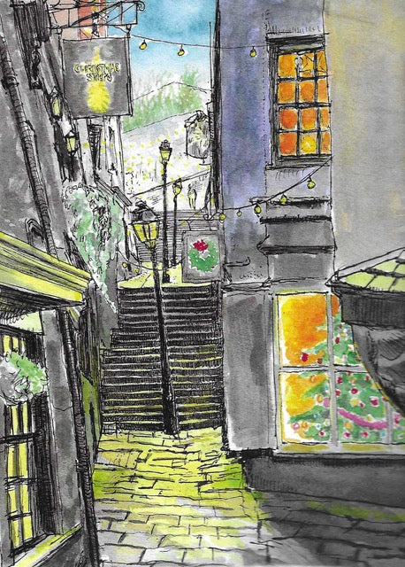 Colouful print of drawing of Christmas Steps in Bristol