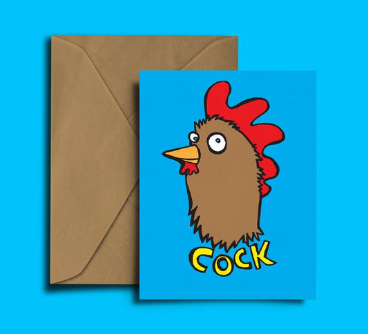 Glass Designs Dixon Does Doodles card with a picture of a chicken head on a blue background with the word Cock at the top 