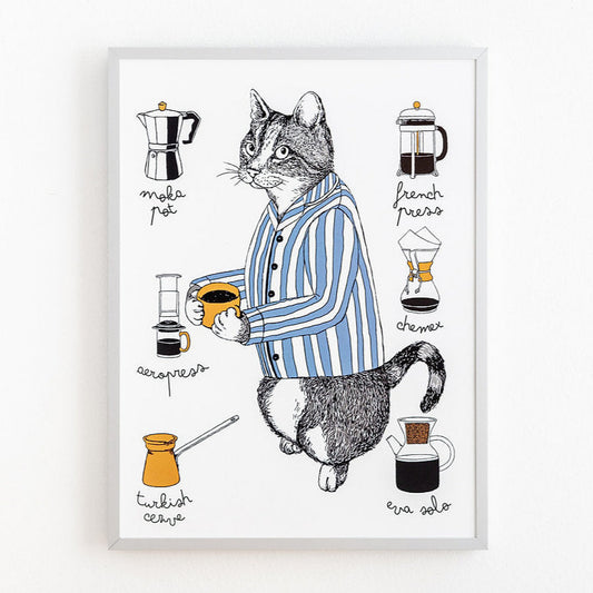 Cat in striped jacket with cup of coffee