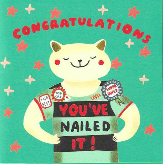Congratulations card with happy cat with top cat badge. Green background with stars
