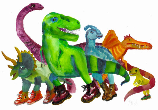 Colouful painting of assorted dinosaurs in boots