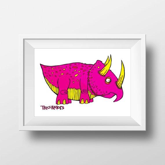 Glass Design Dixon Does Doodles Triceratops Print. A pink and yellow dinosaur illustration print. 