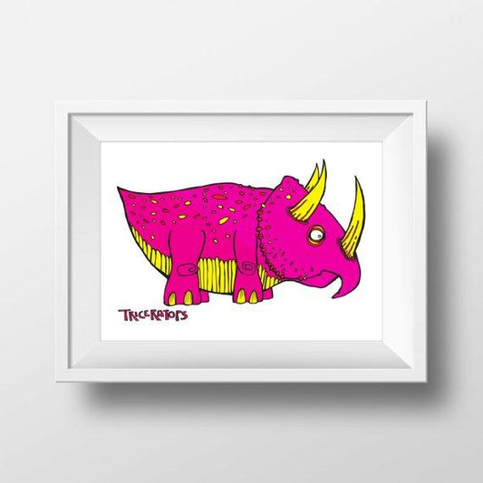 Glass Design Dixon Does Doodles Triceratops Print. A pink and yellow dinosaur illustration print. 