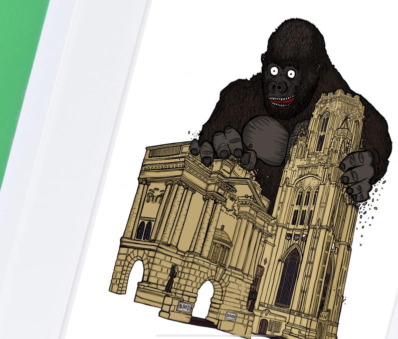 Glass Design Dixon Does Doodles Alfred vs Bristol City Museum. An illustration of a giant Alfred the gorilla holding on to Bristol Museum by Dixon Does Doodles.  
