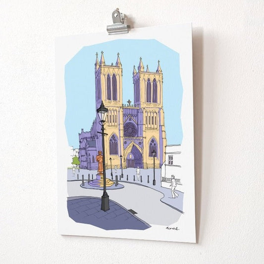 Print of hand-drawn and digitally coloured illustration of Bristol Cathedral