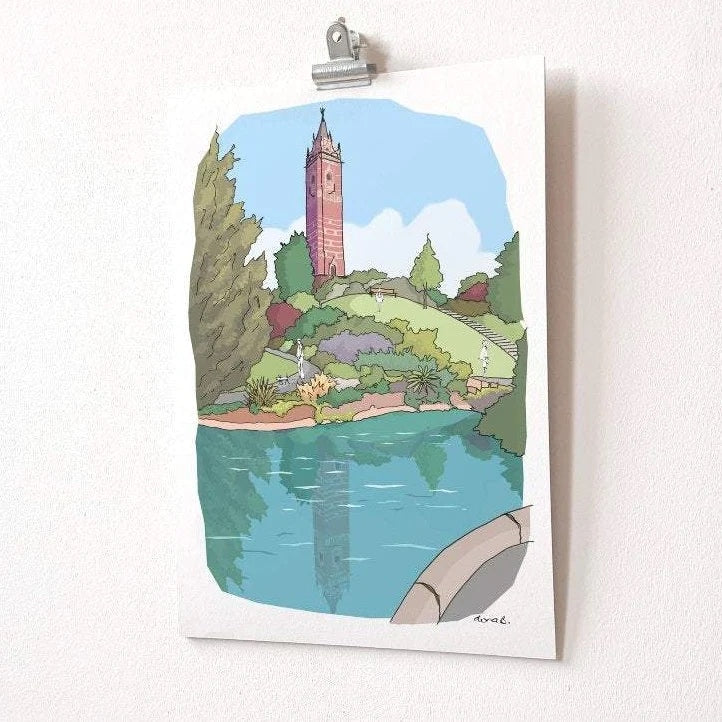 Giclee printed hand-drawn and digitally coloured illustration of Cabot Tower in Bristol