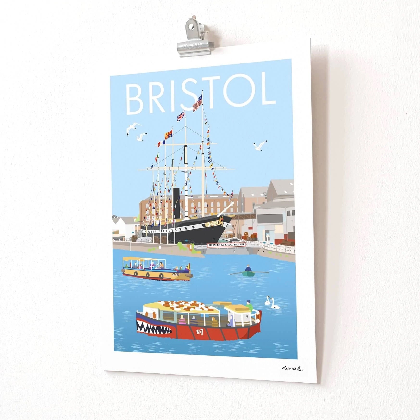 Giclee printed hand-drawn and digitally coloured illustration of Bristol's Floating Harbour