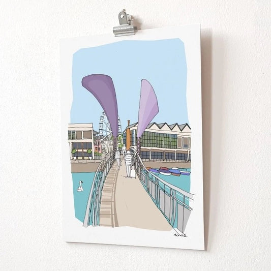 Giclee printed hand-drawn and digitally coloured illustration of Bero's Bridge in Bristol's Floating Harbour
