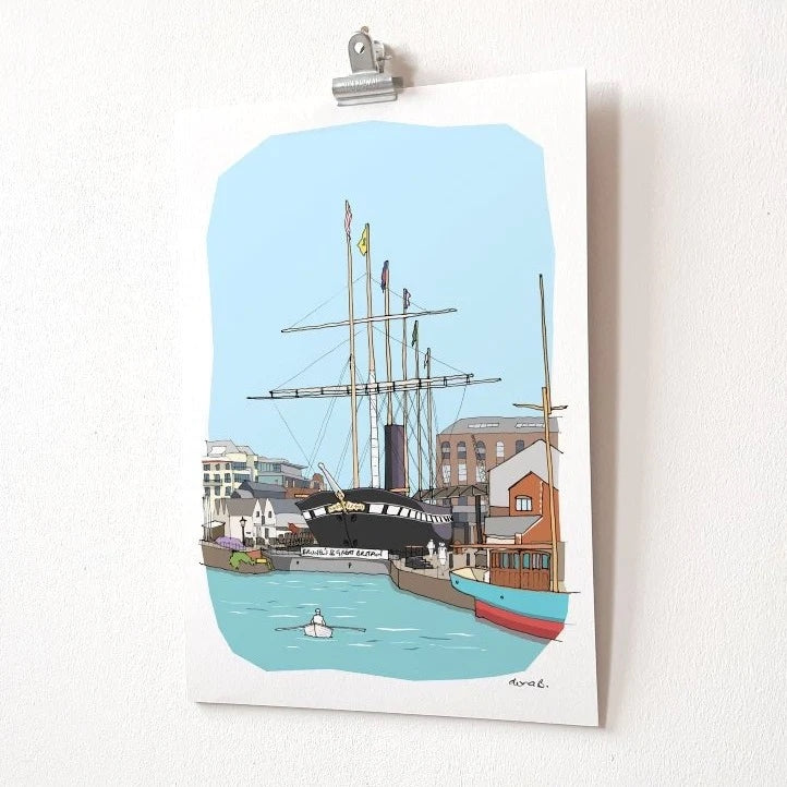 Giclee printed hand-drawn and digitally coloured illustration of the SS Great Britain