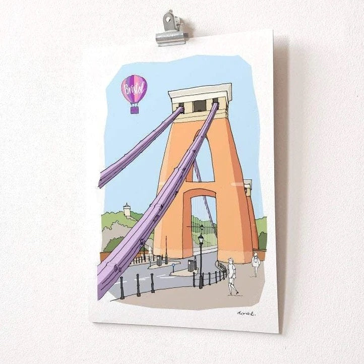 Giclee printed hand-drawn and digitally coloured illustration of Clifton Suspension Bridge, Bristol