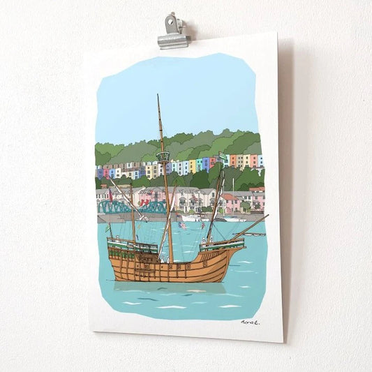 Giclee printed hand-drawn and digitally coloured illustration of The Matthew sailing ship
