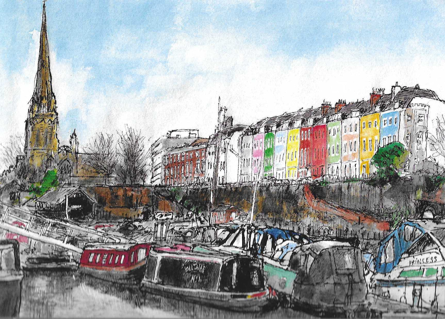Print of watercolour painting of Redcliffe Parade, St Mary Redcliffe Church and boats on floating harbour in Bristol.