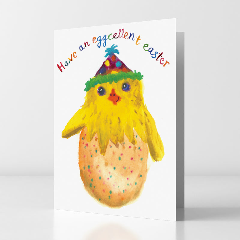 Bristol Based illustrator Rosie Webb water colour chick breaking out of egg with party hat on.  Have an eggcellent easter card.