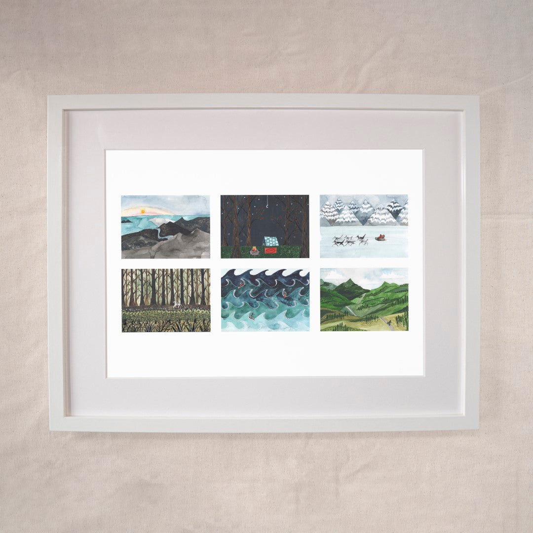 Six colourful nature landscape illustration. Framed giclee print on watercolour art paper. Handmade in Bristol.