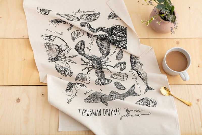 Tea towel with fish and sea creatures illustration