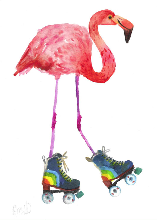 Colourful painting of a flamingo wearing rainbow coloured roller-skates 