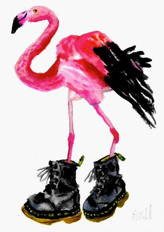Painting of flamingo in black boots on white background