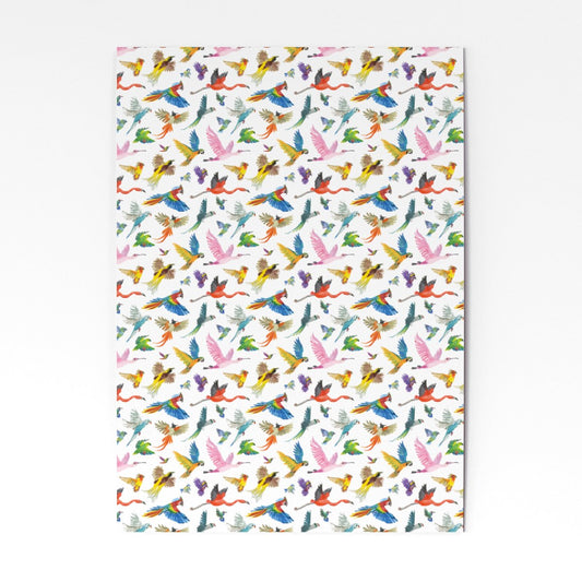 Colourful wrapping paper with various birds in flight 
