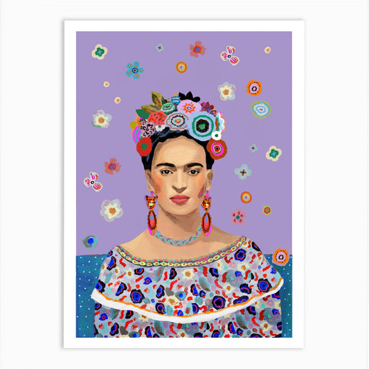 Print with Frida Khalo illustration with flowers and floral head dress with lilac background