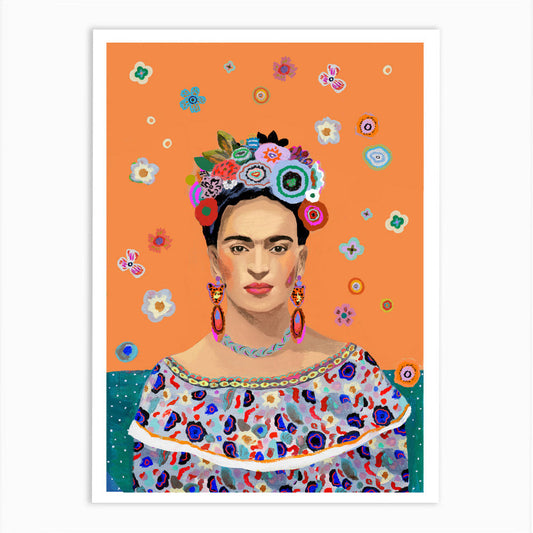 Colourful print with Frida Khalo illustration. Floral head dress and flowers on orange background