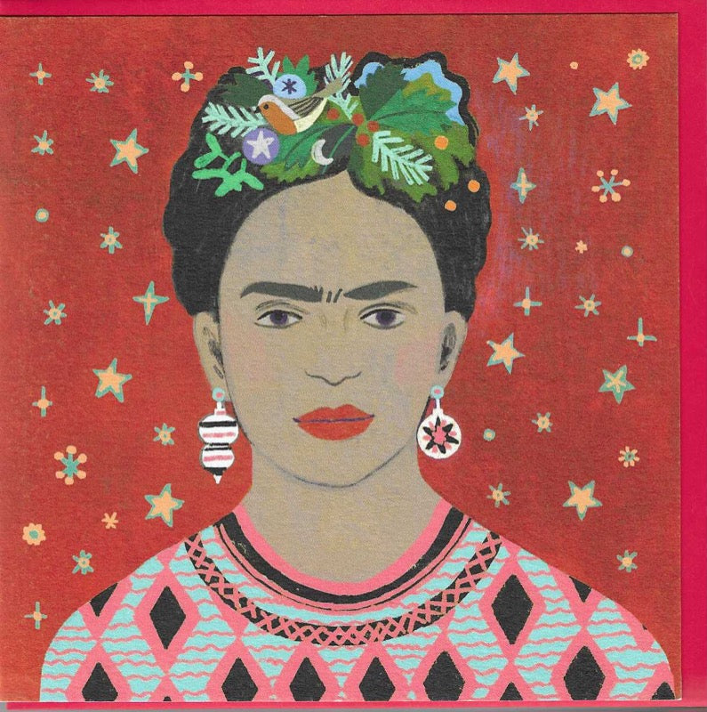 Frida Karlo portrait on red background with Christmas stars