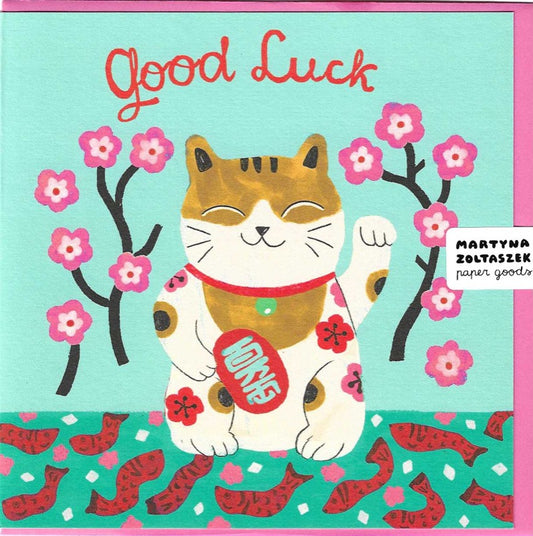 Good luck card with illustration of cat surrounded by pink flowers standing on water with red fish 