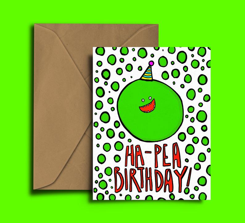Glass Designs Dixon Does Doodles card with a smiley pea wearing a party hat 