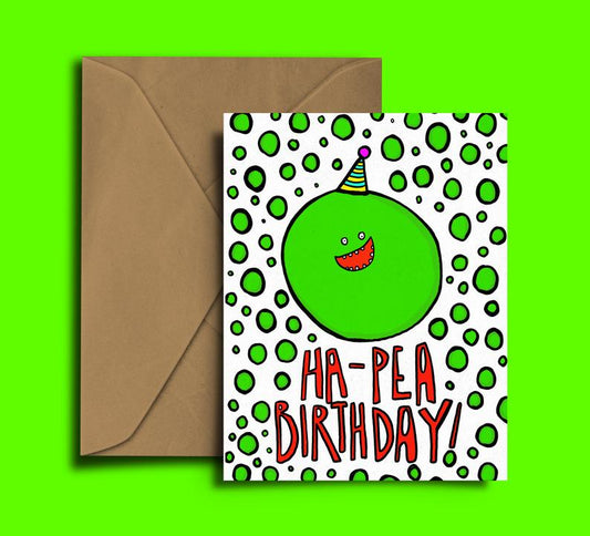Glass Designs Dixon Does Doodles card with a smiley pea wearing a party hat 