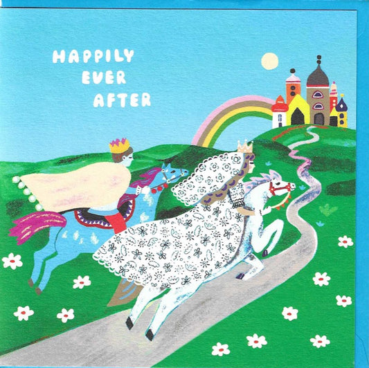 colourful wedding card with couple as prince and princess on horseback riding towards a castle with rainbow in background