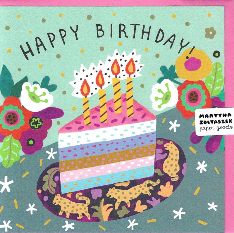 Colourful birthday card with a slice of cake with four candles surrounded by flowers