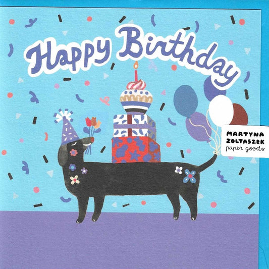 Illustration of sausage dog in a party hat with wrapped presents on its back and balloons on its tail. pale blue background