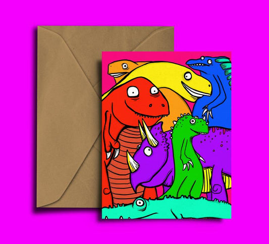 Glass Designs Dixon Does Doodles card with a group of colourful happy dinosaurs