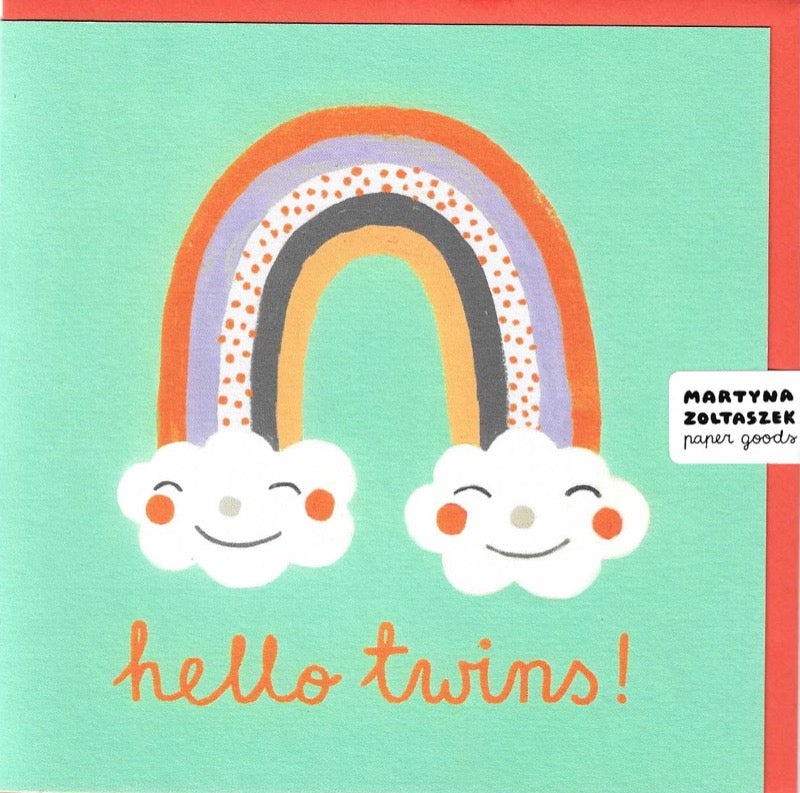 New twins card with illustration of rainbow and two clouds with smiley faces on pale green background 