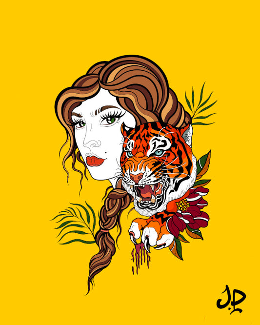 Yellow print with tiger and stylised woman