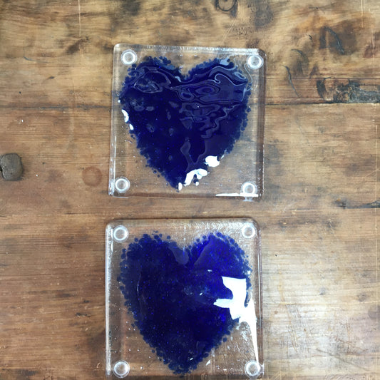 Dadswell Glass, Handmade fused glass coasters, Bristol Blue hearts on clear glass.  Beautiful coasters to adorn your home. Made at Glass Designs a Bristol Gift shop.