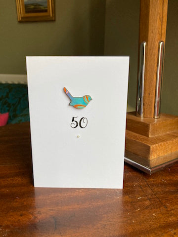 Reversible Robin 50th Card, perfect occasional card for birthdays or anniversary.  Handmade paper and wood laser cut image.