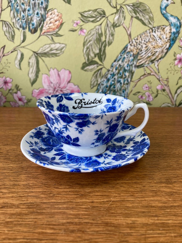 Bristol Blue Rose Tea cup and saucer made by Stokes Croft China in Bristol.