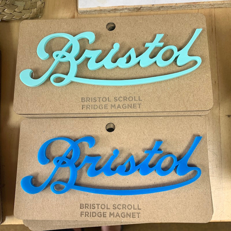 The Bristol Scroll laser cut fridge magnet in a variety of colours.