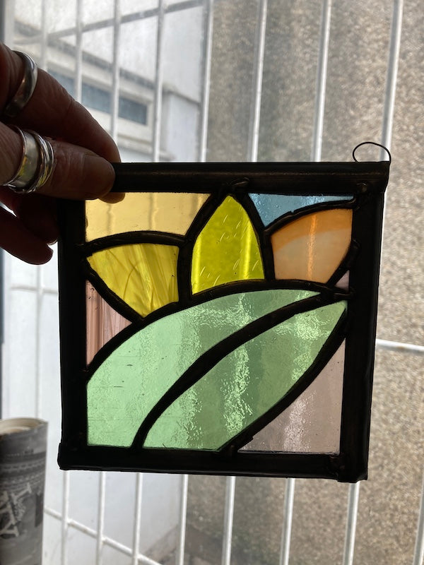 Frida Kahlo inspired stained glass hanging, subtle colours of glass perfect gift for Frida fans.