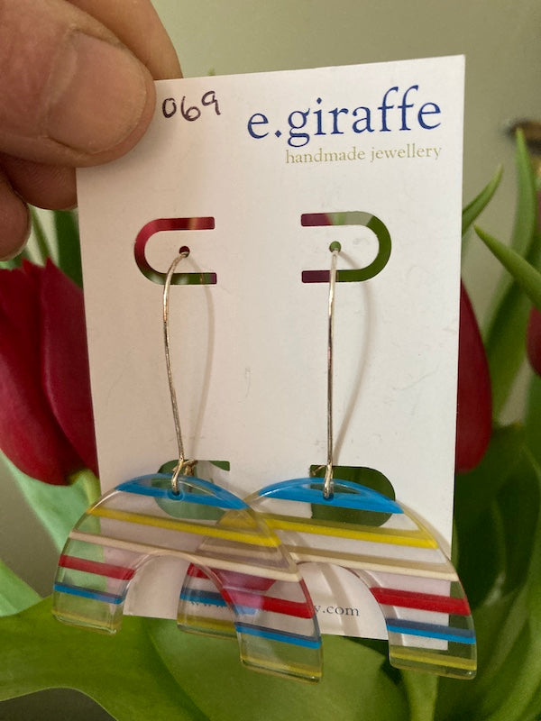 E.giraffe silver plated rainbow resin earrings. Handmade jewellery in Bristol.