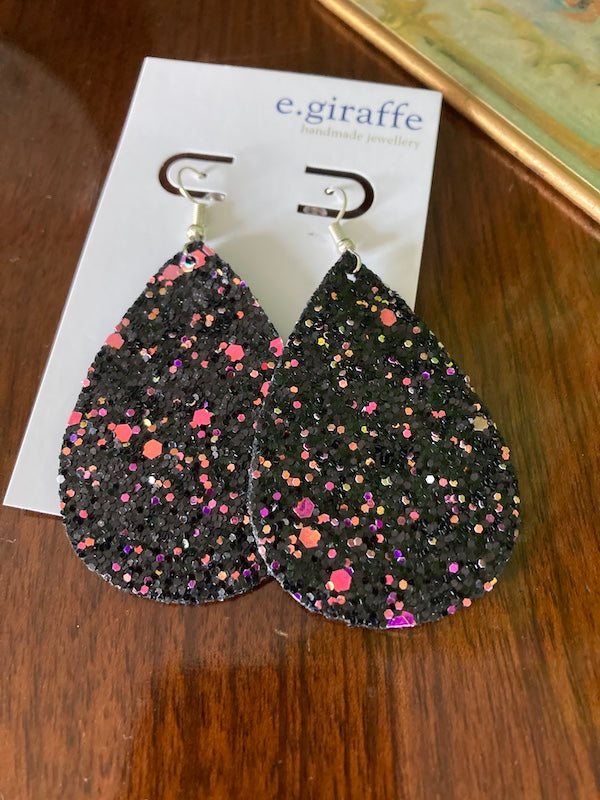 Fabric glitter earrings made by E.giraffe a Bristol independent maker.