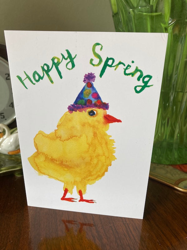 Rosie Webb 'Happy Spring' Card.  Bristol based illustrator, water colour chick in a party hat.