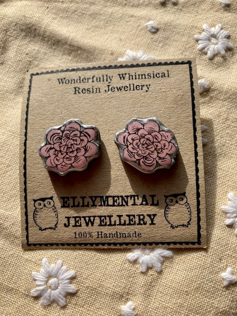Quirky pink flower stud earrings.  Layered paper, metal and resin, handmade in Cardiff by Ellymental.