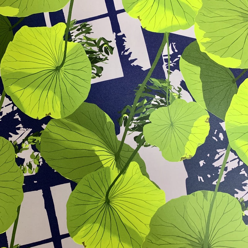 A bold and vibrant design of diagonal lotus leaves against a backdrop of purple foliage