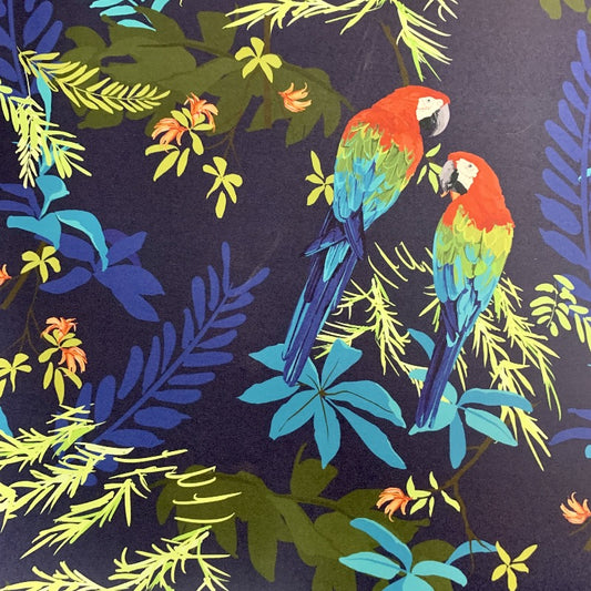 A beautiful design of two macaws at night, perched side by side amongst layered jungle foliage