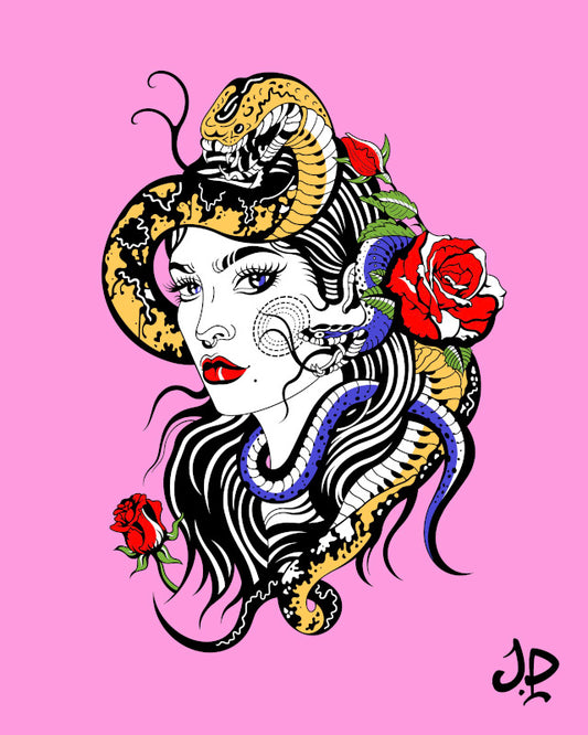 Pink print with snake and stylised woman