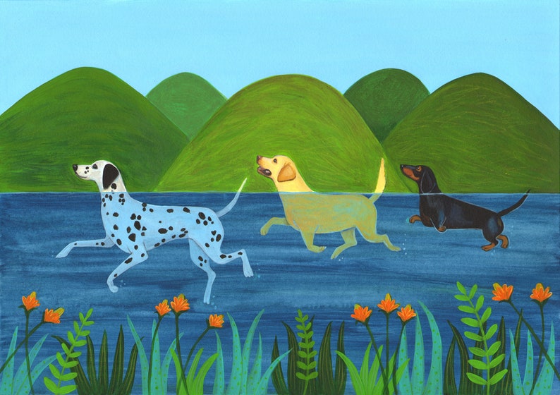 Three dogs paddling in a river. Signed, limited edition giclee print by artist Laura Robertson from Bristol UK