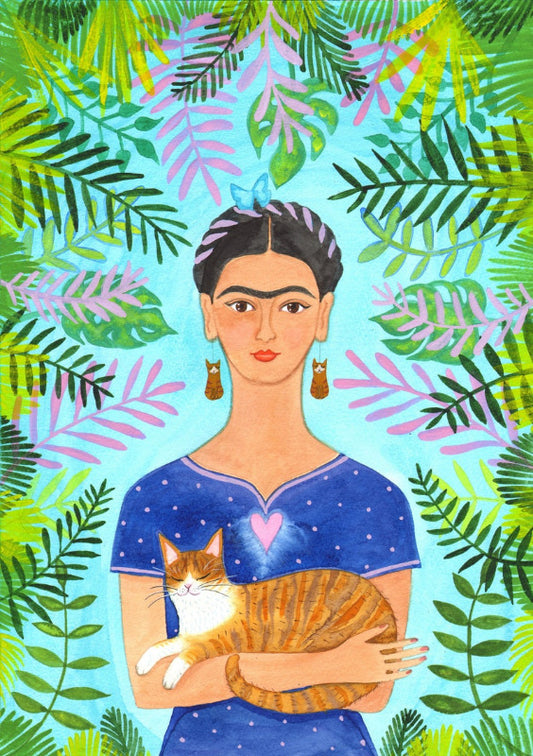 Colourful illustration of Frida Kahlo holding a cat and surrounded by foliage.